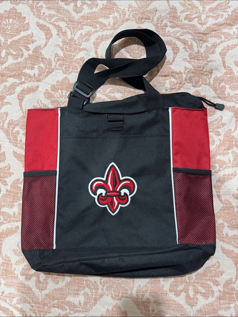 Black and Red Messenger Tote with Fleur Emblem